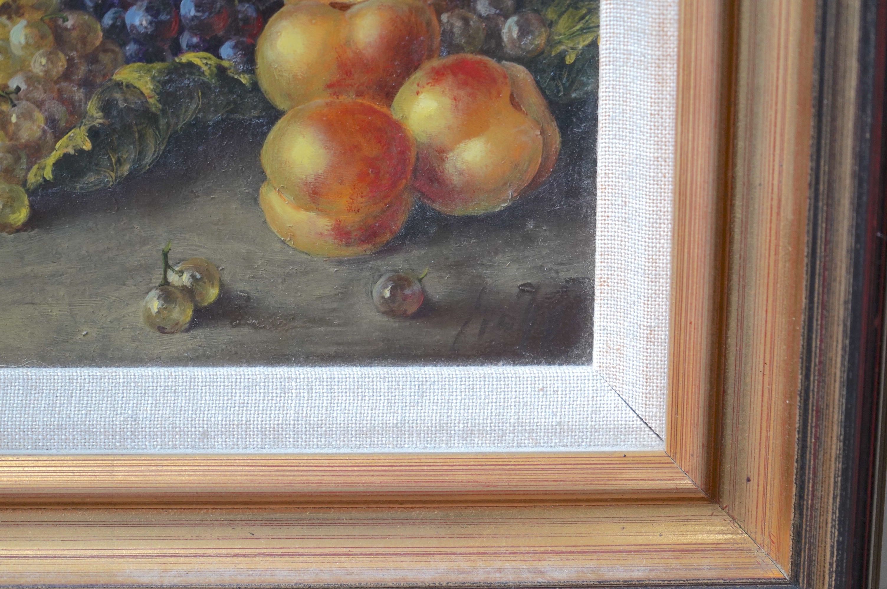 Contemporary Dutch style, oil on board, Still life of fruit, indistinctly signed lower right, 23 x 29cm, gilt framed. Condition - good